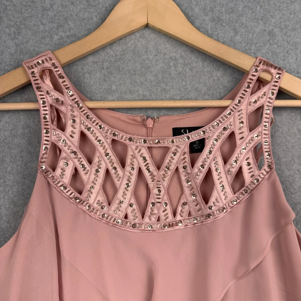 SL Fashions Dress Women 16 Pink Beaded Cut Outs Tulip Tiered Mother of Bride NEW - Picture 3 of 10